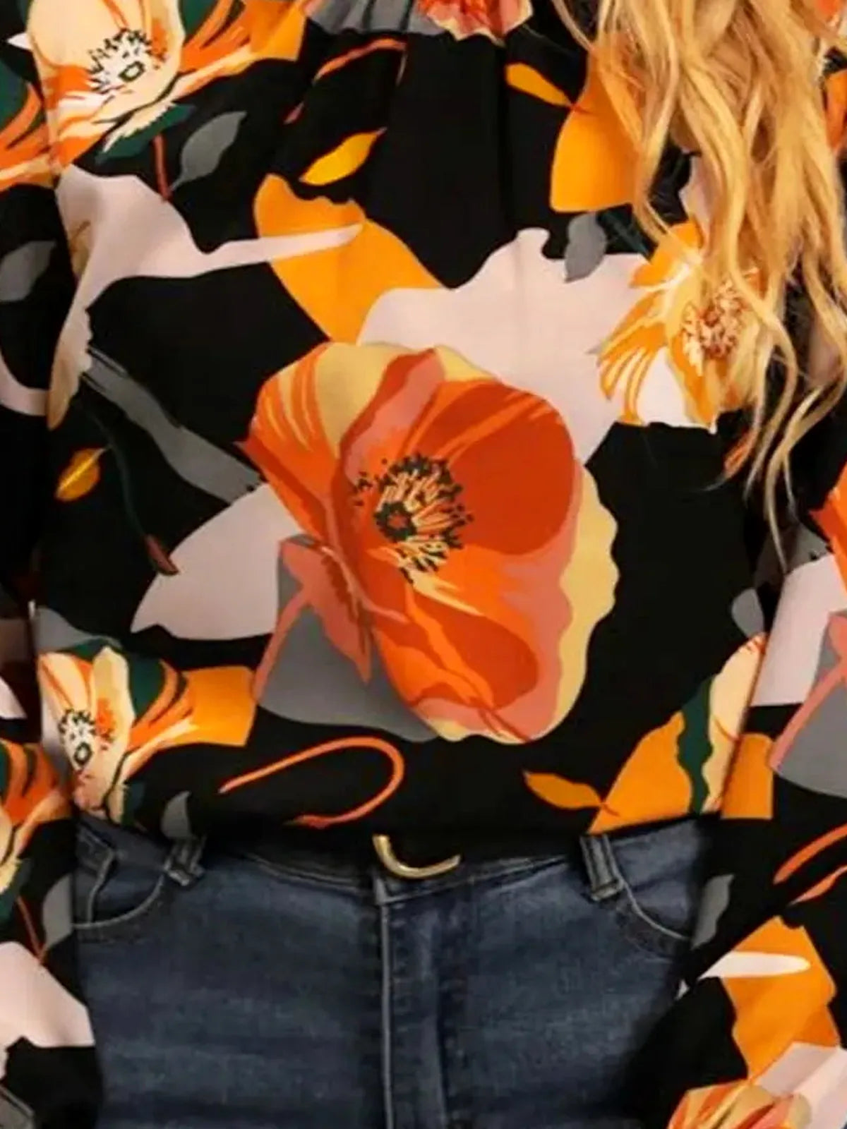 Floral Mock Neck Blouse with Flounce Sleeves