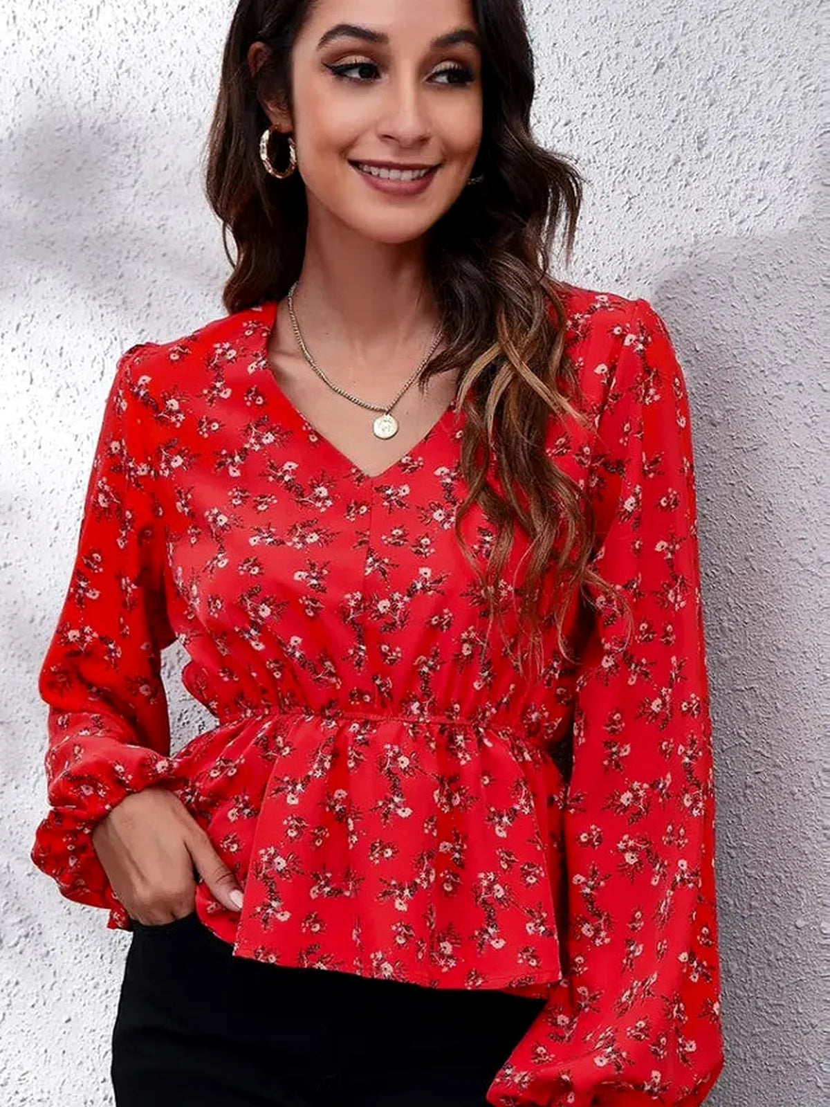 Floral V-Neck Balloon Sleeve Peplum Blouse