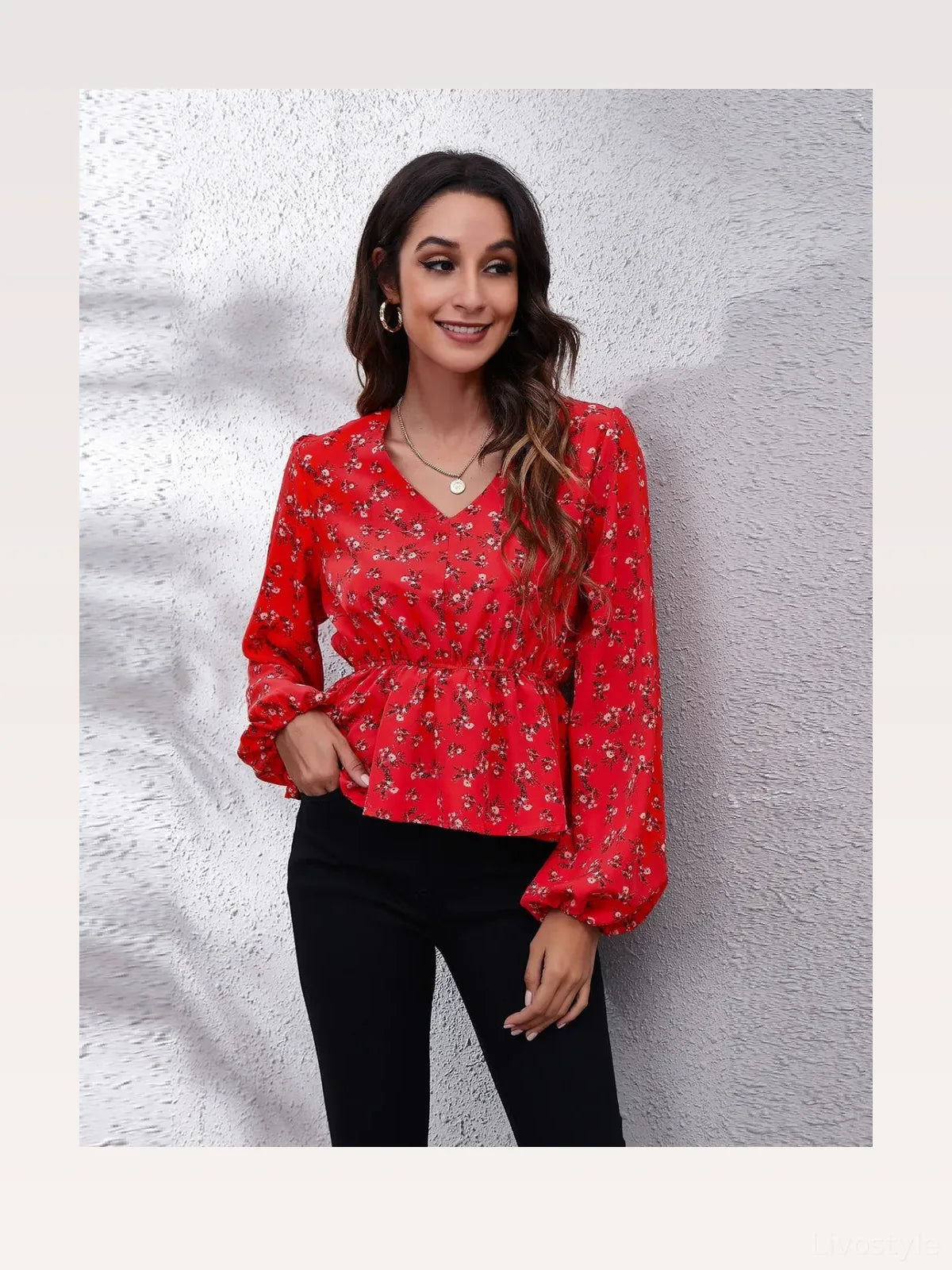 Floral V-Neck Balloon Sleeve Peplum Blouse