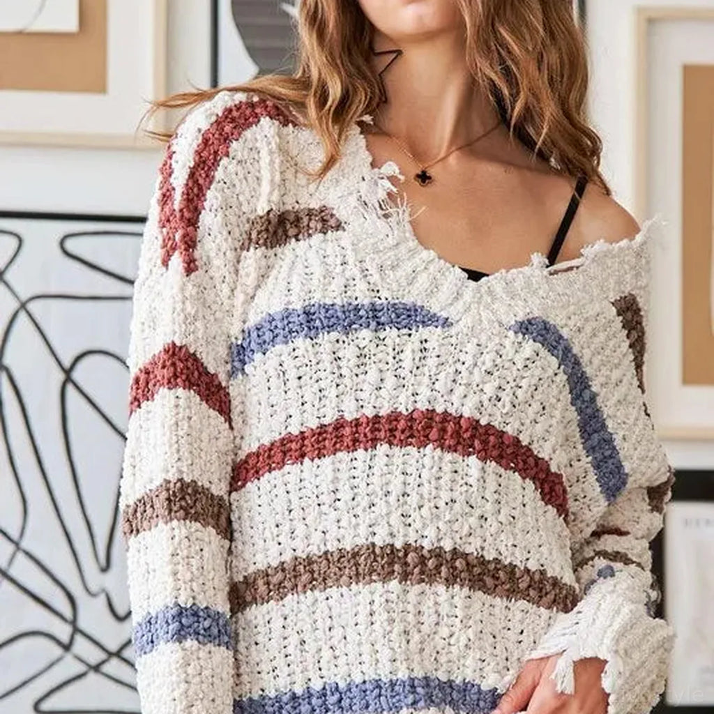 Striped V-Neck Sweater with Frayed Edges