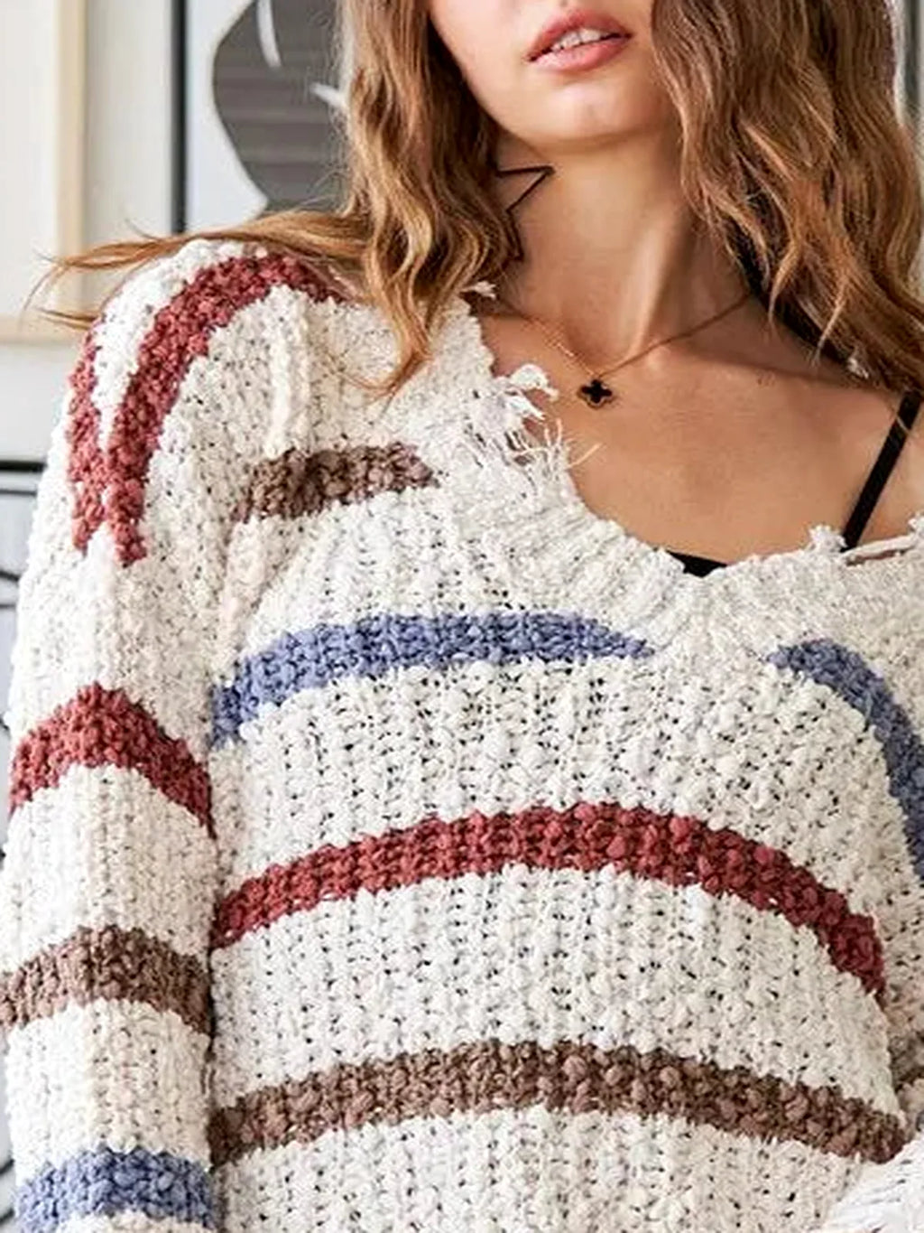 Striped V-Neck Sweater with Frayed Edges