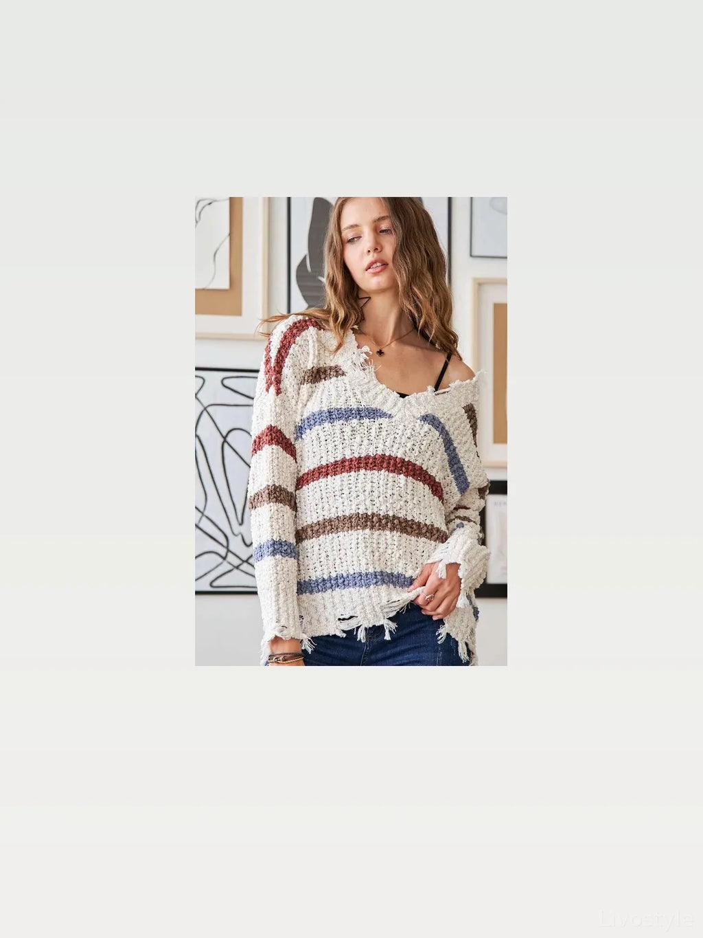 Striped V-Neck Sweater with Frayed Edges