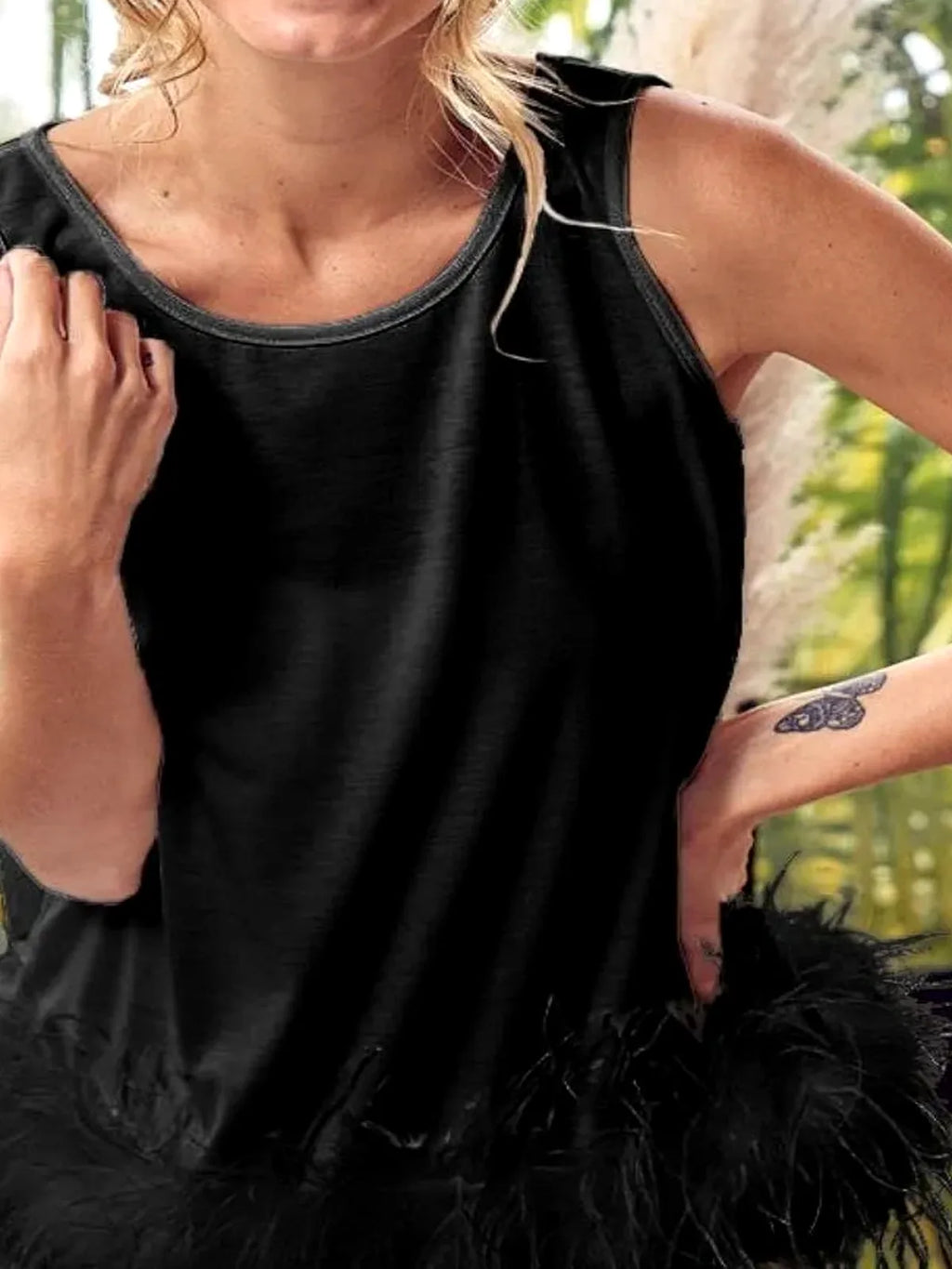 French Terry Sleeveless Top with Faux Feather Trim and Back Tie