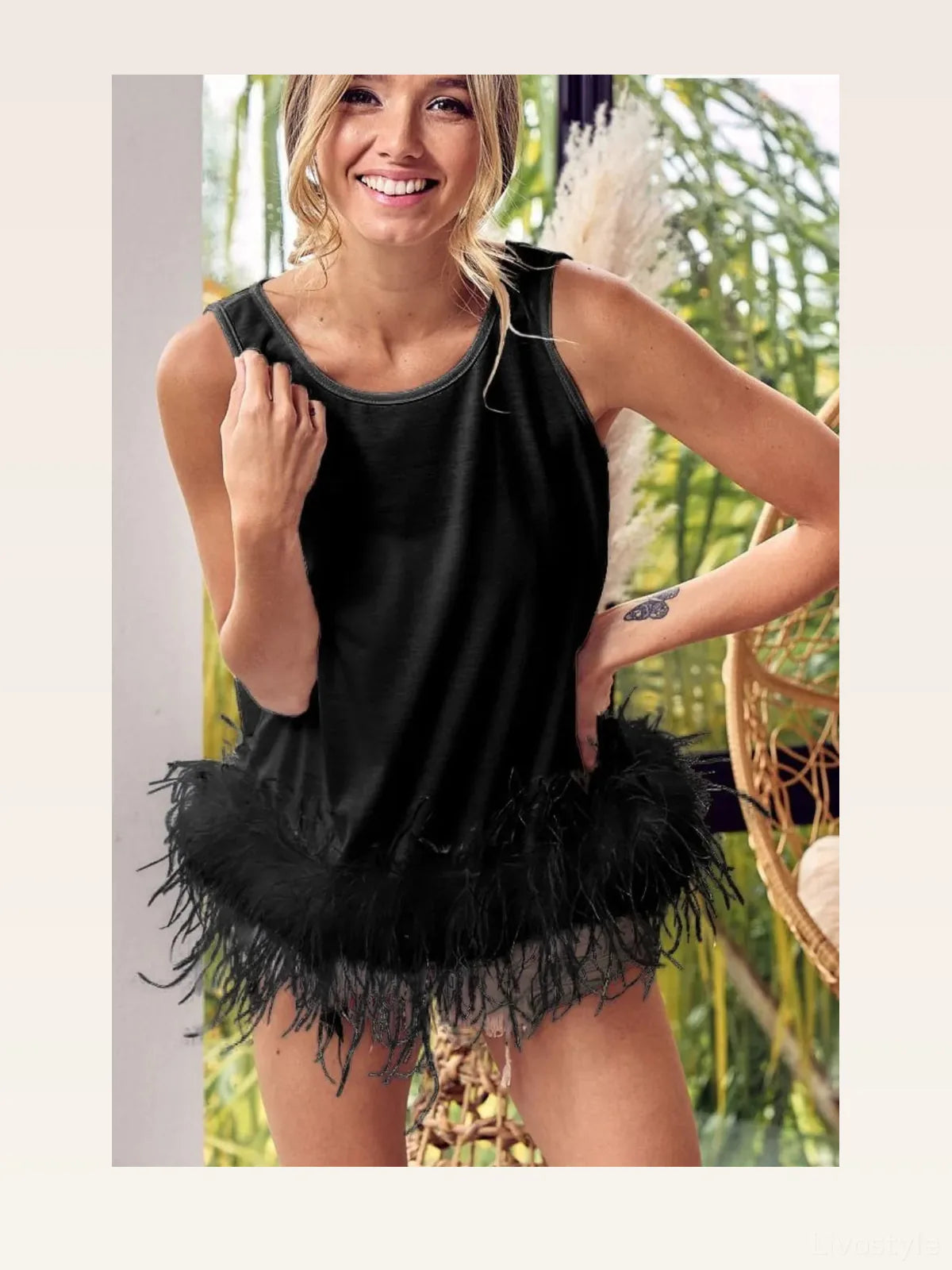 French Terry Sleeveless Top with Faux Feather Trim and Back Tie