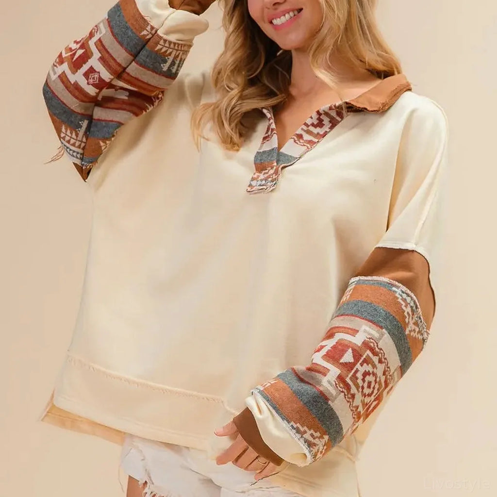 French Terry and Aztec Print Mixed Pullover Sweatshirt