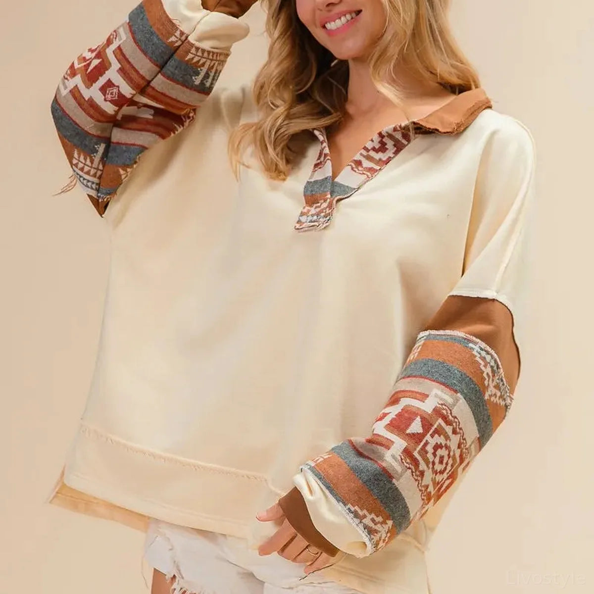 French Terry and Aztec Print Mixed Pullover Sweatshirt