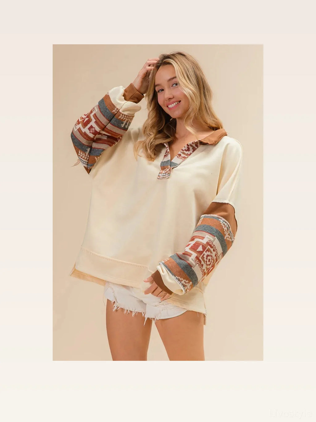 French Terry and Aztec Print Mixed Pullover Sweatshirt