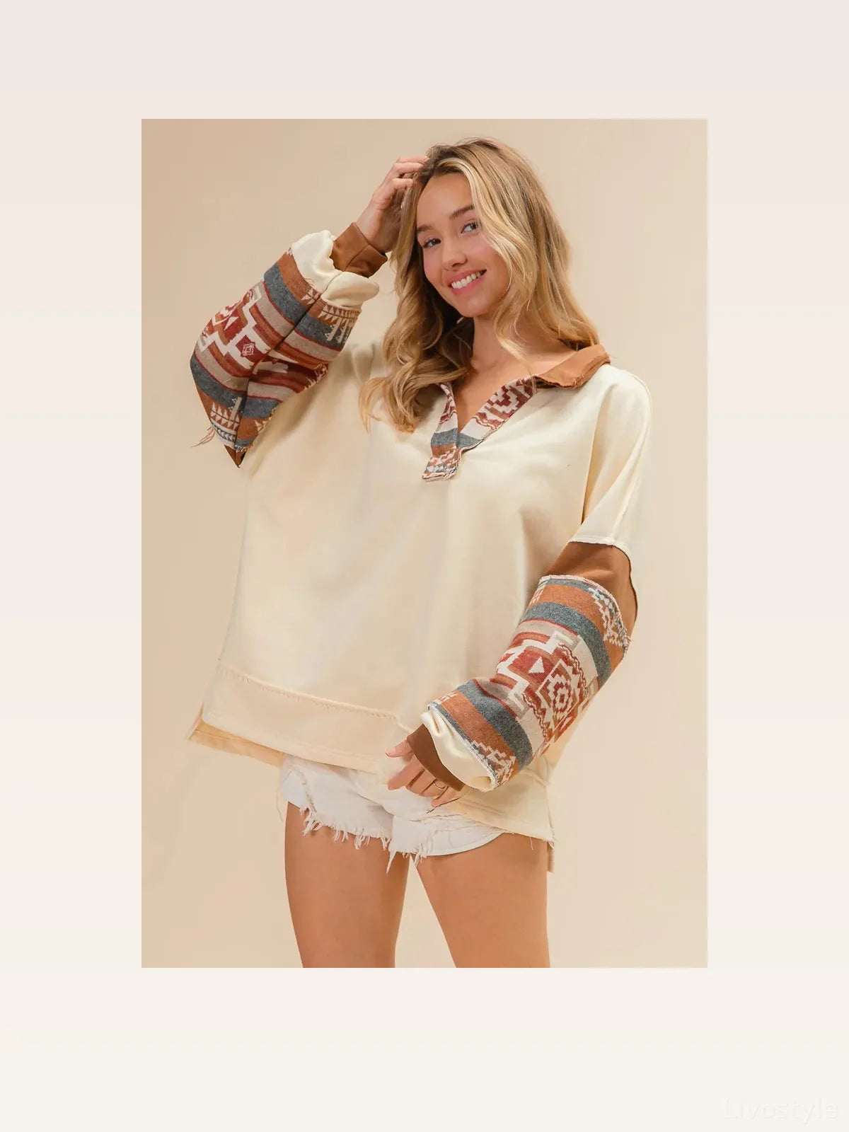 French Terry and Aztec Print Mixed Pullover Sweatshirt