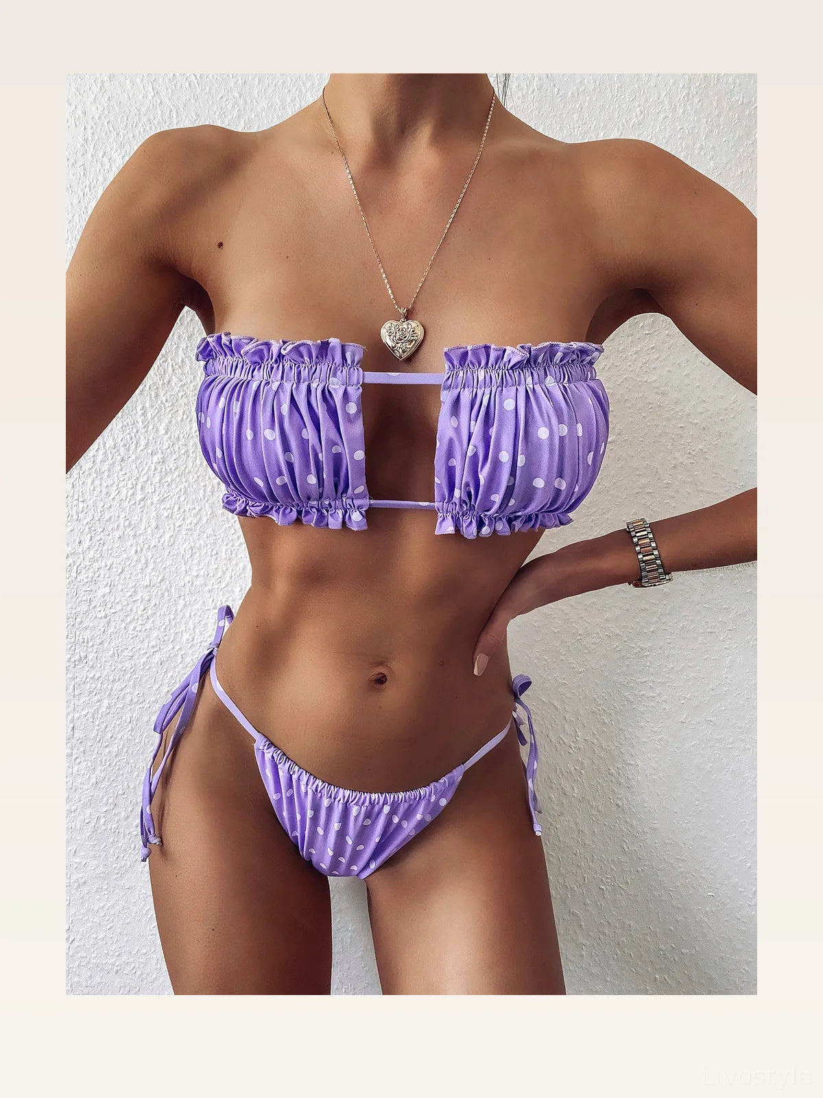 Frill Trim Ruched Bandeau Bikini Set