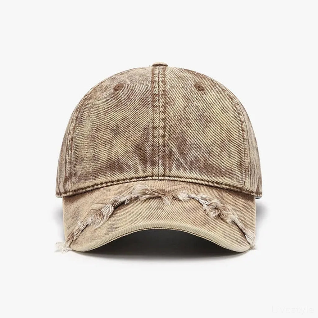 Fringe Hem Distressed Washed Cotton Dad Baseball Cap