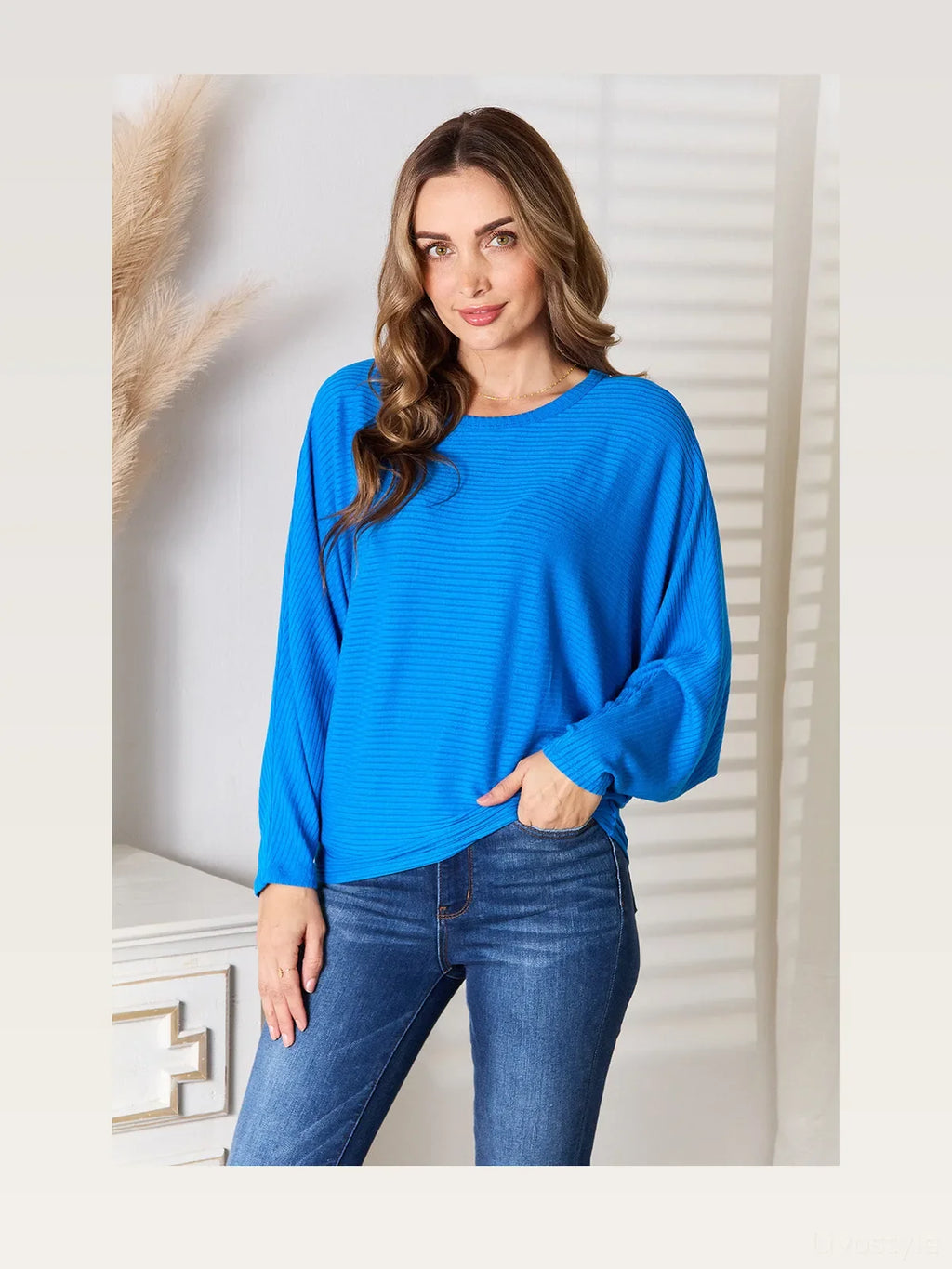 Round Neck Batwing Sleeve Ribbed Blouse