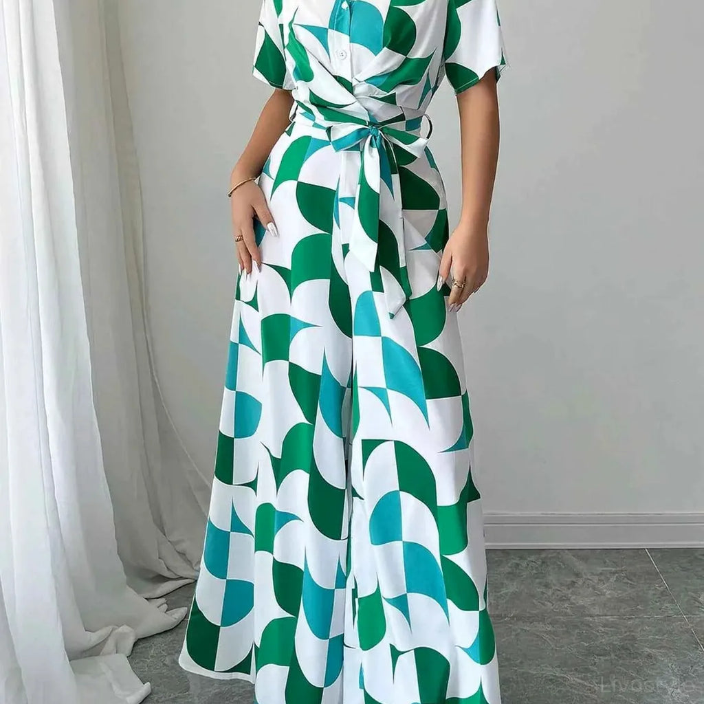Geometric Print Belted Wide Leg Jumpsuit