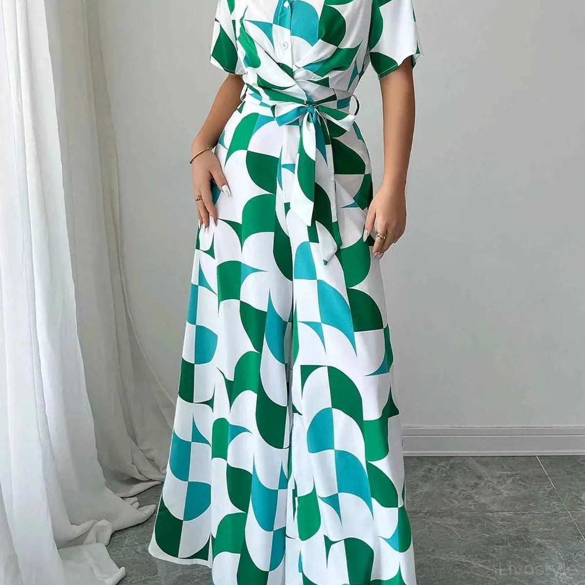 Geometric Print Belted Wide Leg Jumpsuit