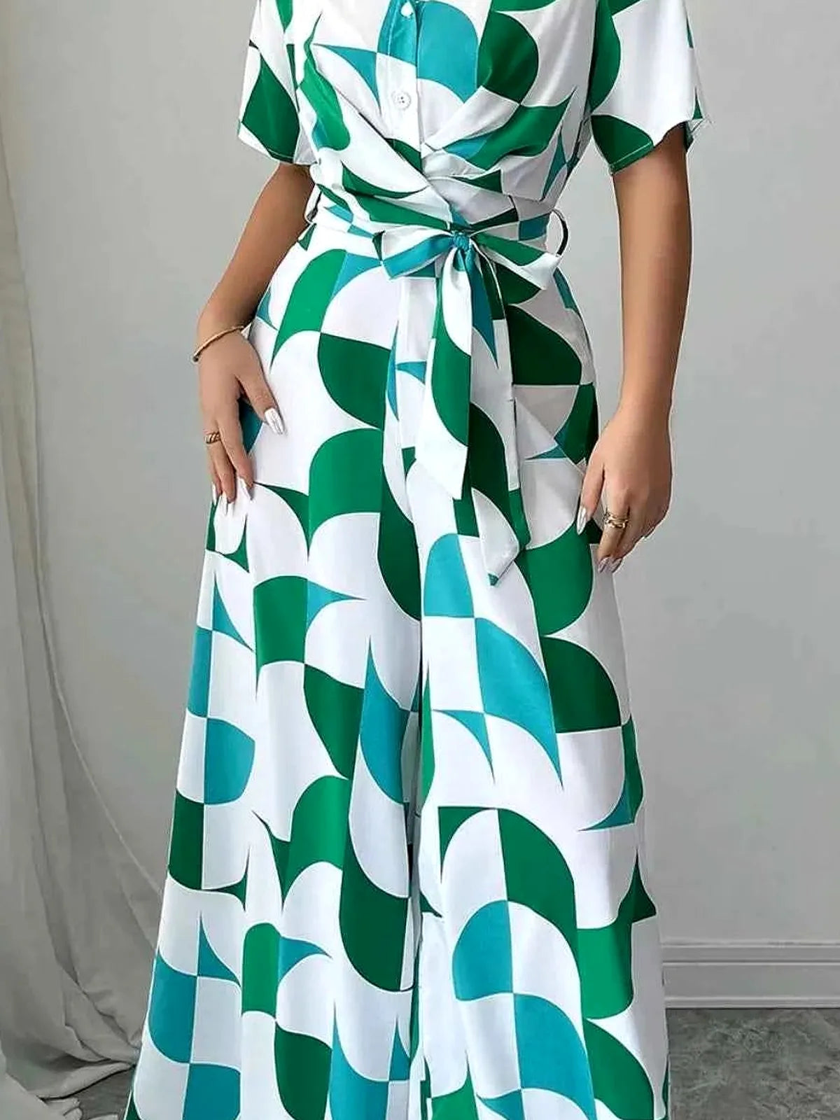 Geometric Print Belted Wide Leg Jumpsuit