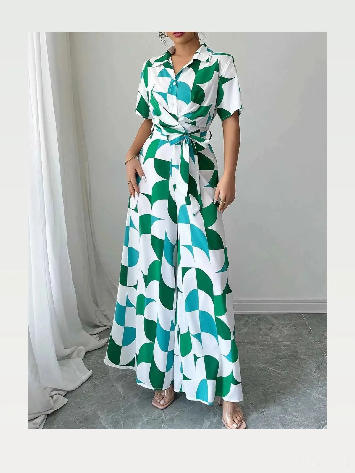 Geometric Print Belted Wide Leg Jumpsuit