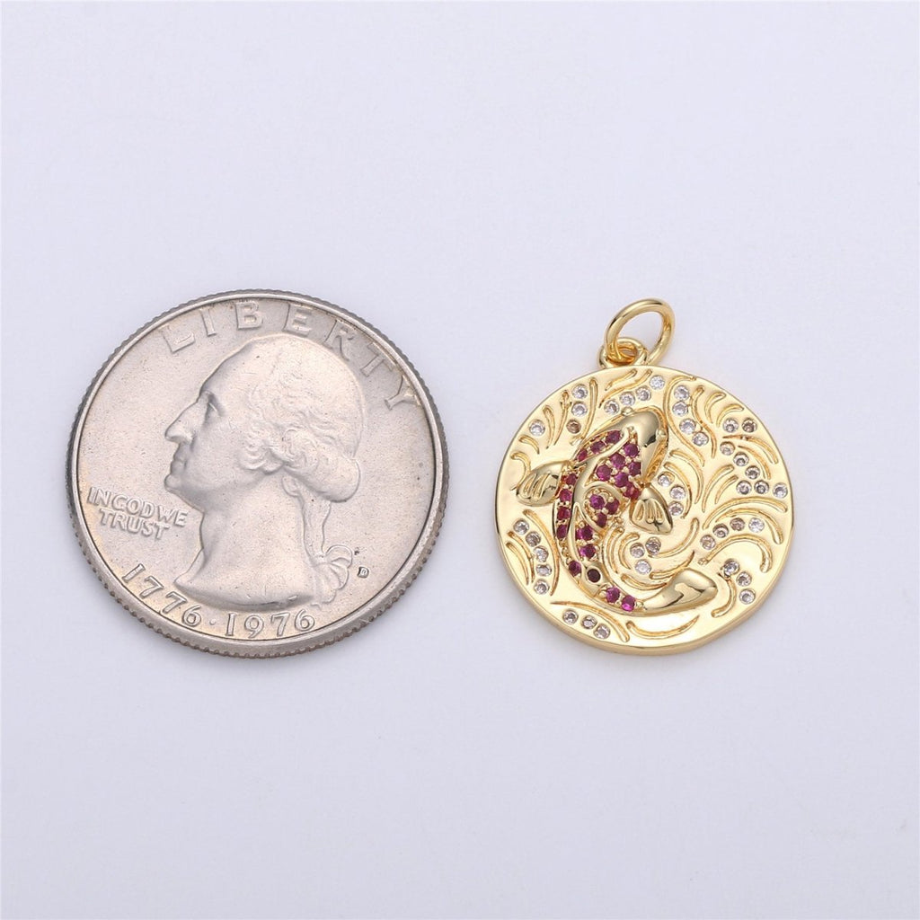 Gold koi fish charm pendant Japanese koi carp disc Coin charm for Necklace Earring Bracelet Component supply Animal Jewelry C-908