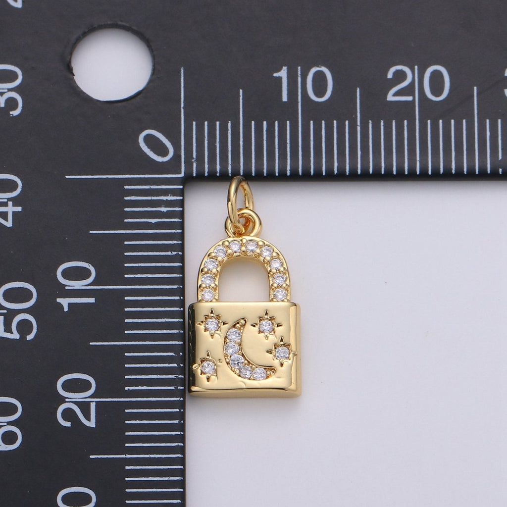 Gold Moon Star Padlock Pendant Gold Filled Dainty Padlock Charm Celestial Lock Jewelry for Necklace Earring Bracelet Component D-363