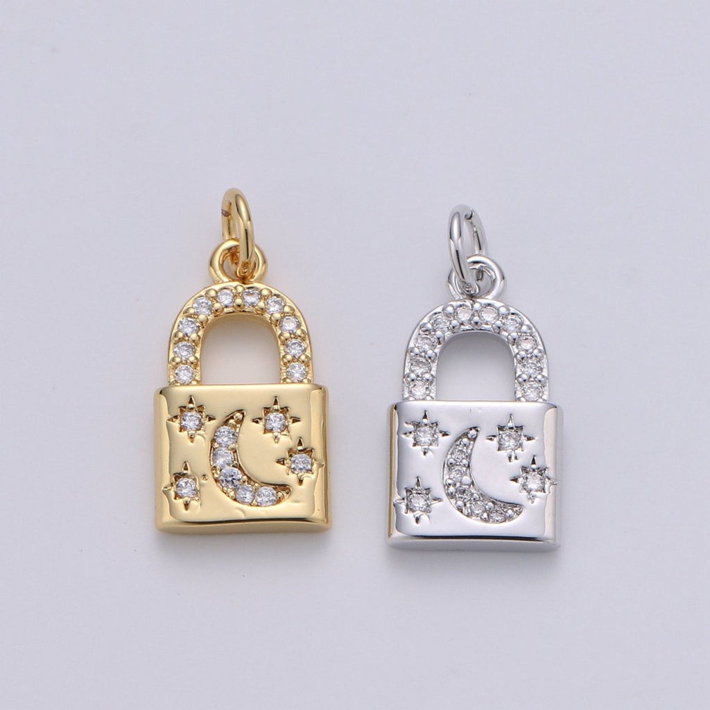 Gold Moon Star Padlock Pendant Gold Filled Dainty Padlock Charm Celestial Lock Jewelry for Necklace Earring Bracelet Component D-363