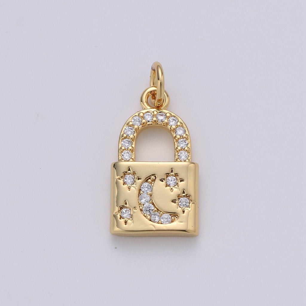 Gold Moon Star Padlock Pendant Gold Filled Dainty Padlock Charm Celestial Lock Jewelry for Necklace Earring Bracelet Component D-363