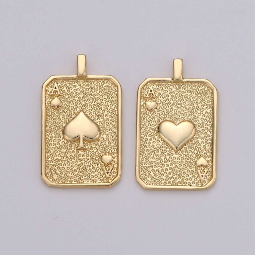 Gold Tag Ace of Spade Charm Gold Filled Medallion, Ace of Heart Pendant Necklace Charm for Vegas Inspired Necklace Supply J-029 J-030
