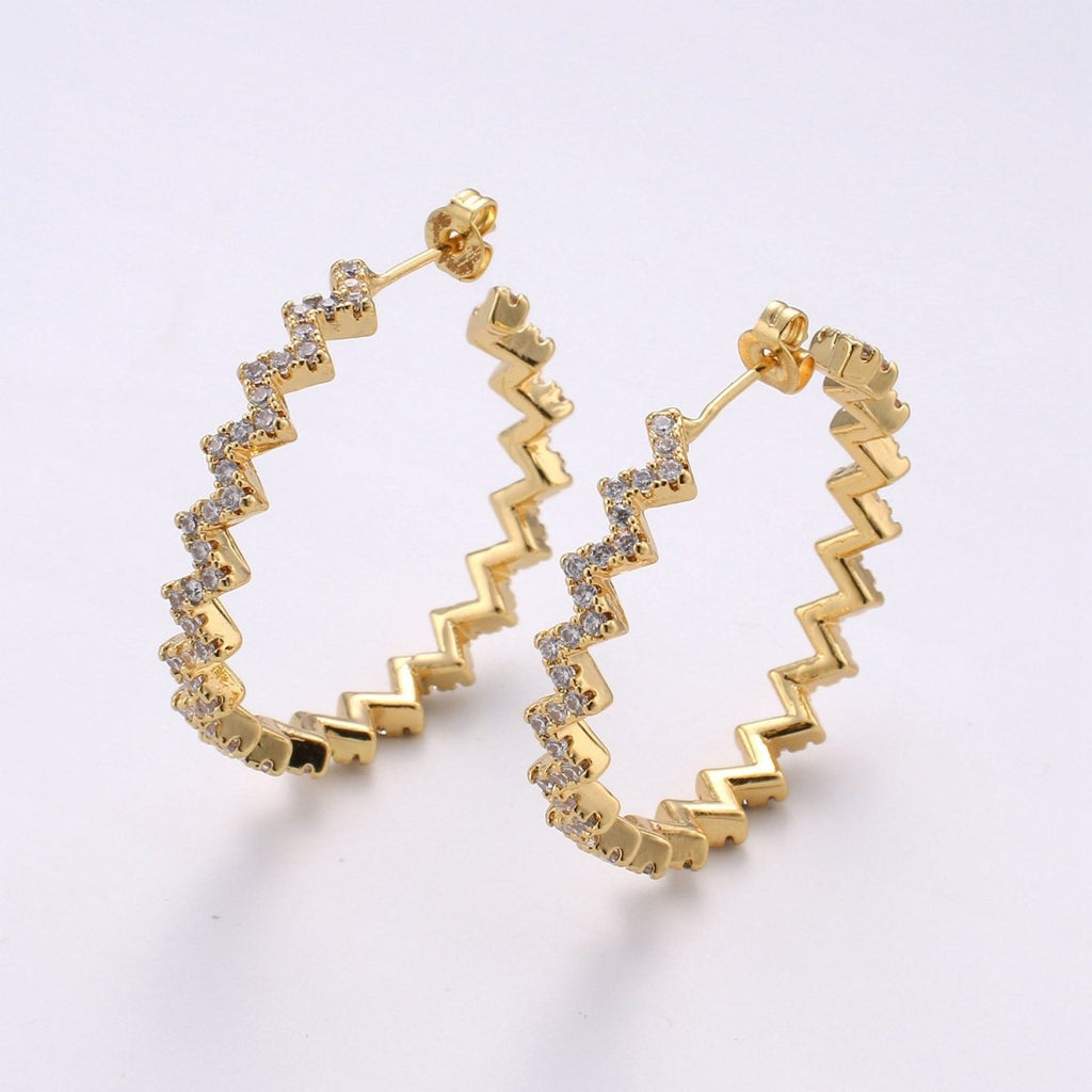 Gold Zig-Zag Hoop Earrings, Ziggy Open Hoop Earring Chevron Micro Pave Earring 14k Gold Filled Earring K-570 K-571