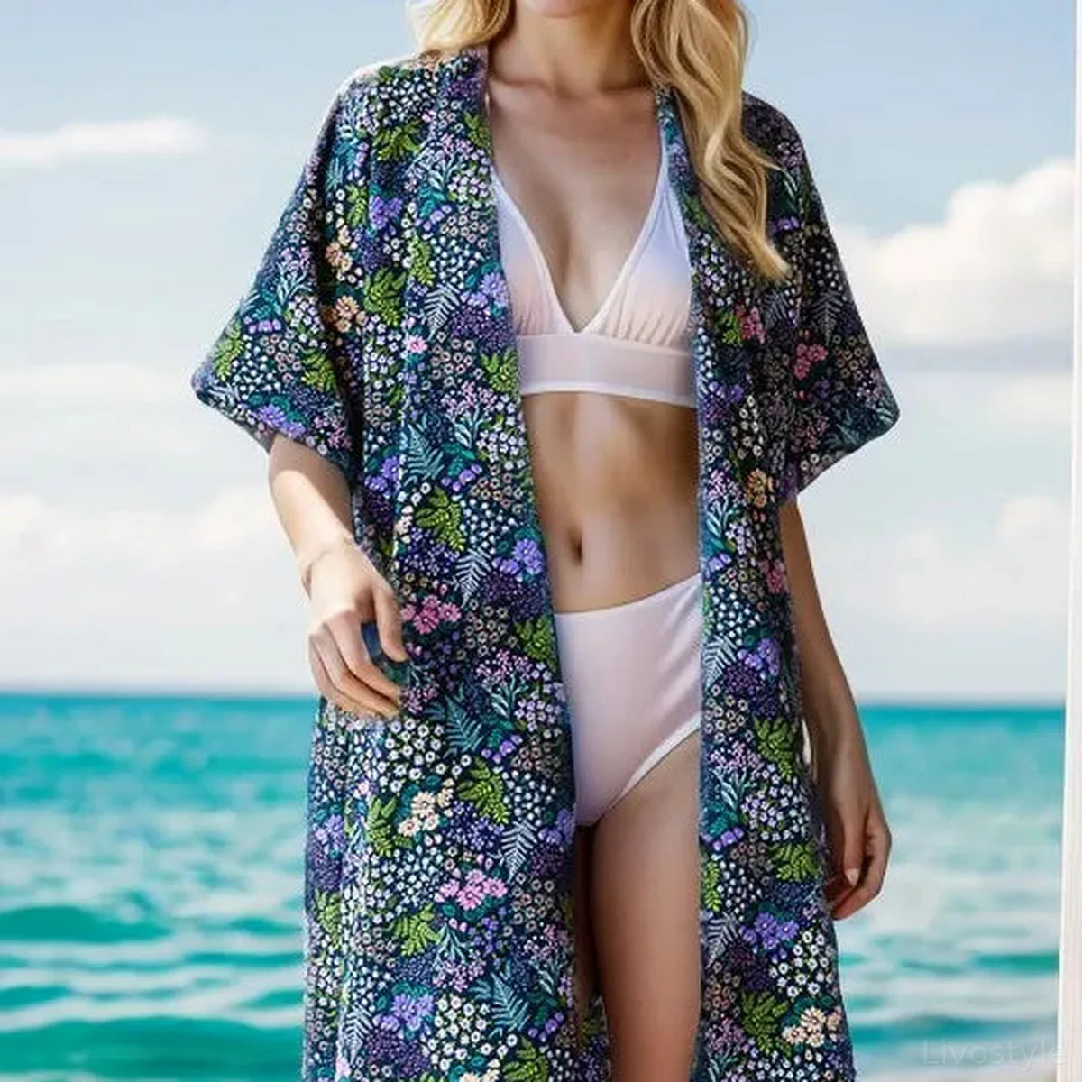 Half Sleeve Floral Open Front Cardigan – Plus Sizes