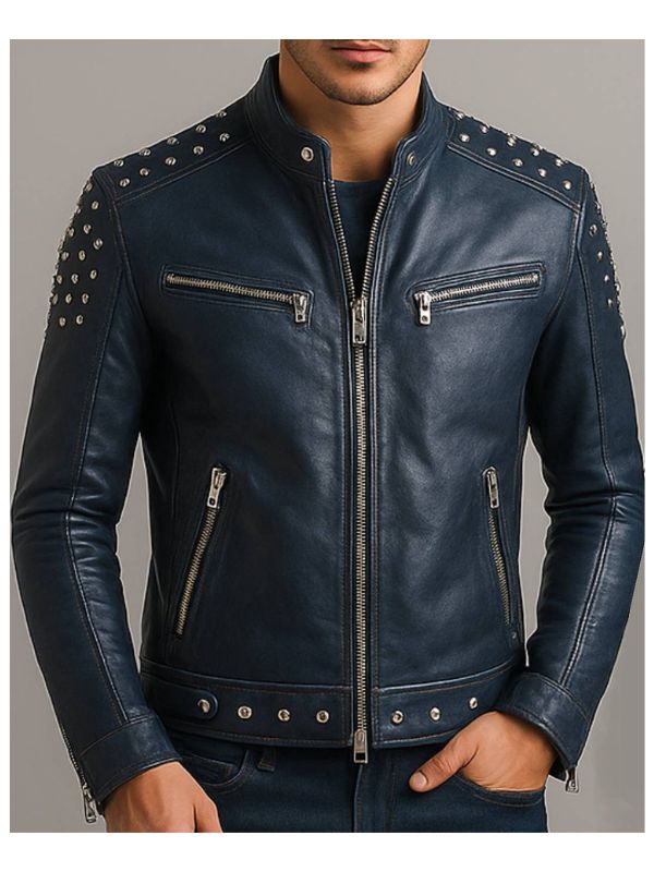 Men's Hugo Blue Leather Biker Jacket