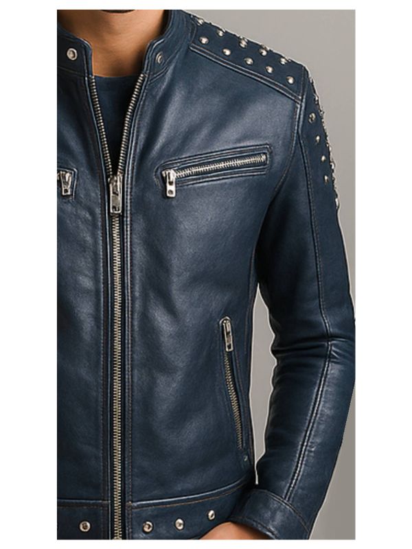Men's Hugo Blue Leather Biker Jacket