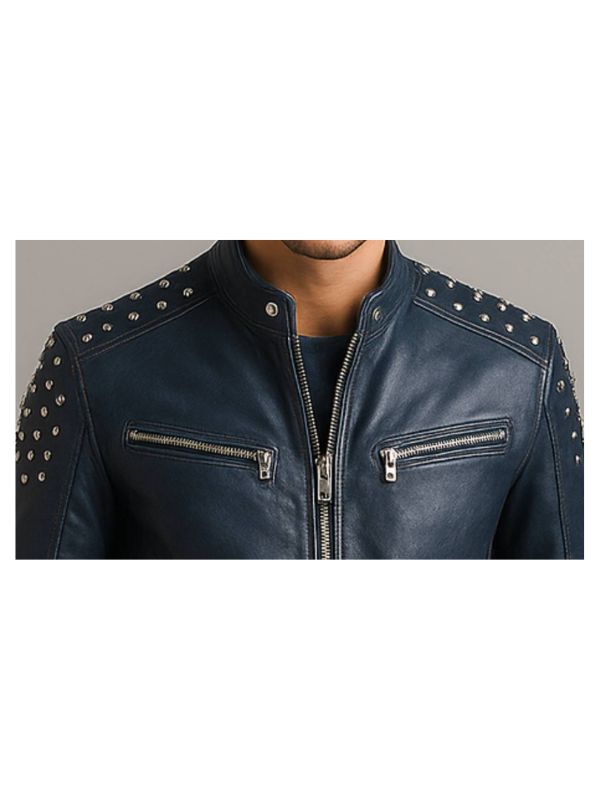 Men's Hugo Blue Leather Biker Jacket