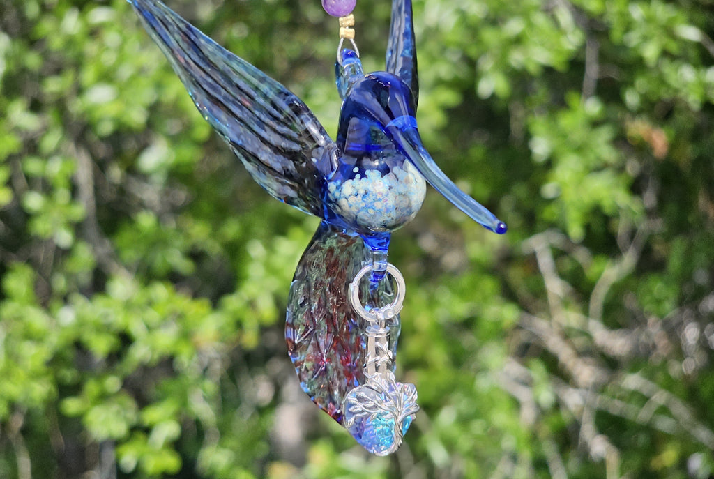 Blue and Red Hummingbird with Crystal Pendant