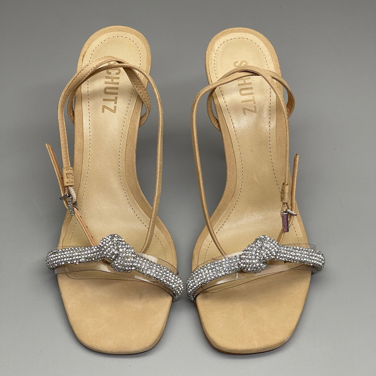 SCHUTZ Peaky Nubuck & Vinyl Multimaterial Women's Sandal Heel Light Nude Sz 7.5B (New)