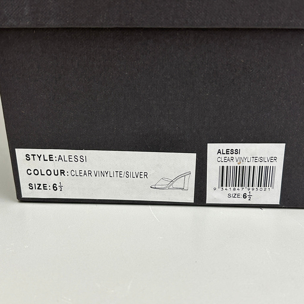TONY BIANCO Alessi Clear Vinylite/Silver Wedges Women's Heels Sz 6.5 (New)