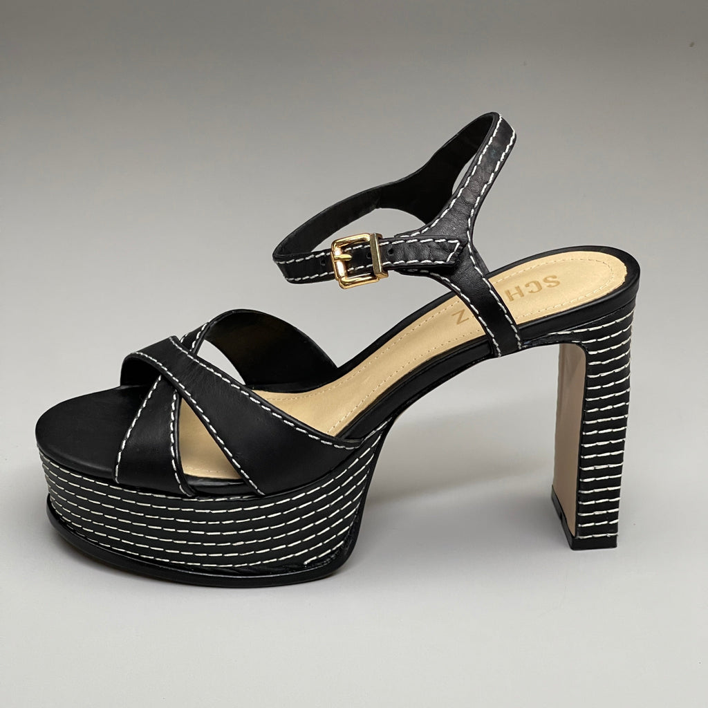 SCHUTZ Keefa Casual Women's Leather Sandal Black Platform 4" Heel Shoes Sz 9B (New)