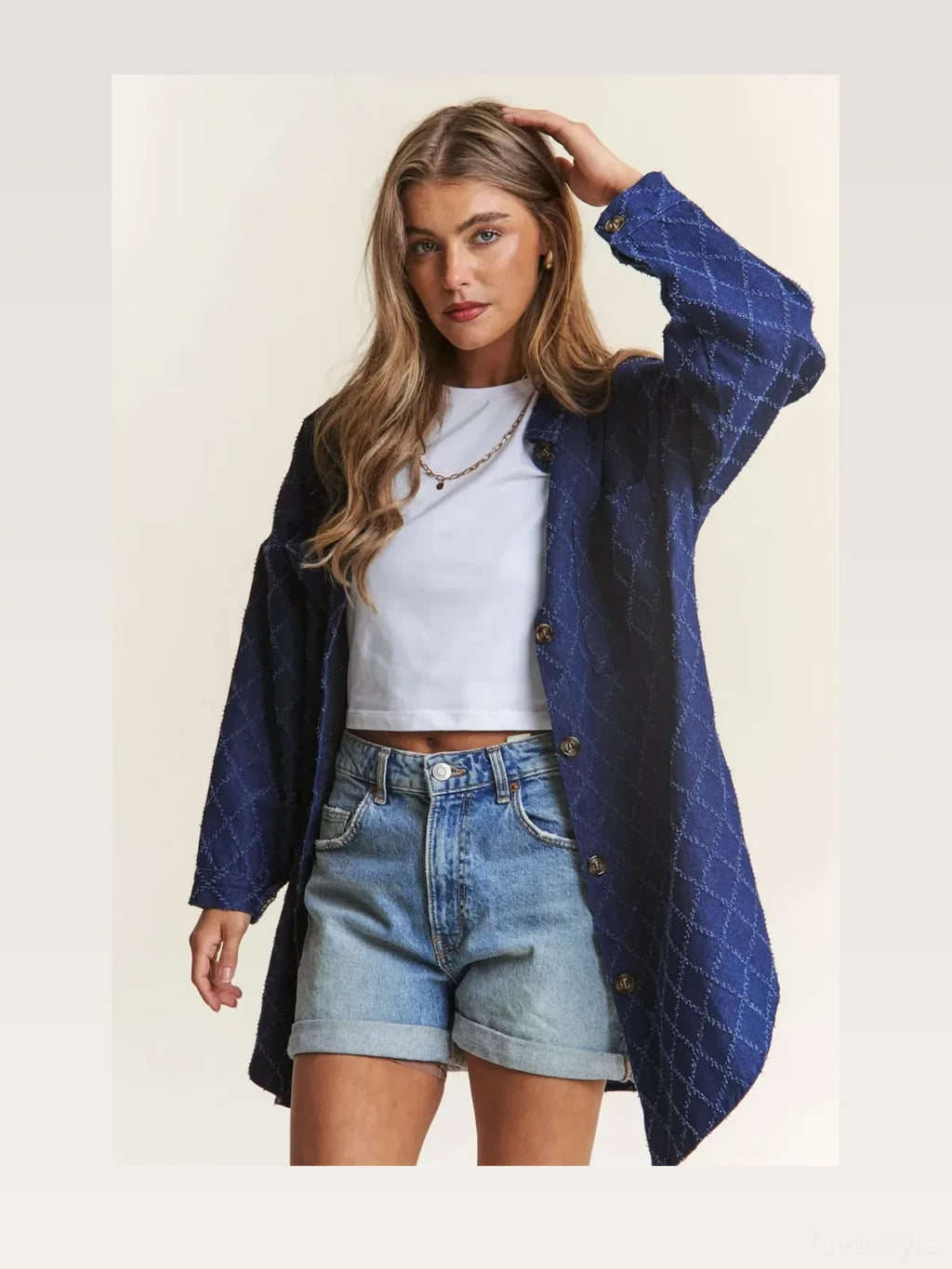 Rhombus Stitched Button Up Denim Shacket