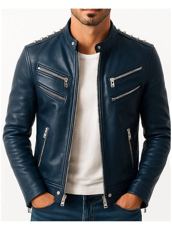 Men's Jaxon Blue Leather Biker Jacket
