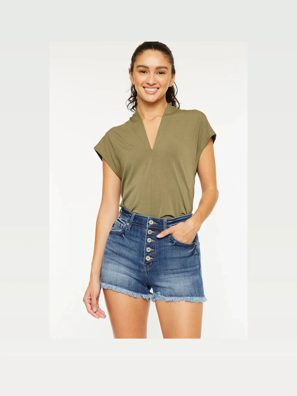 High Rise Frayed Hem Denim Shorts with Button Front