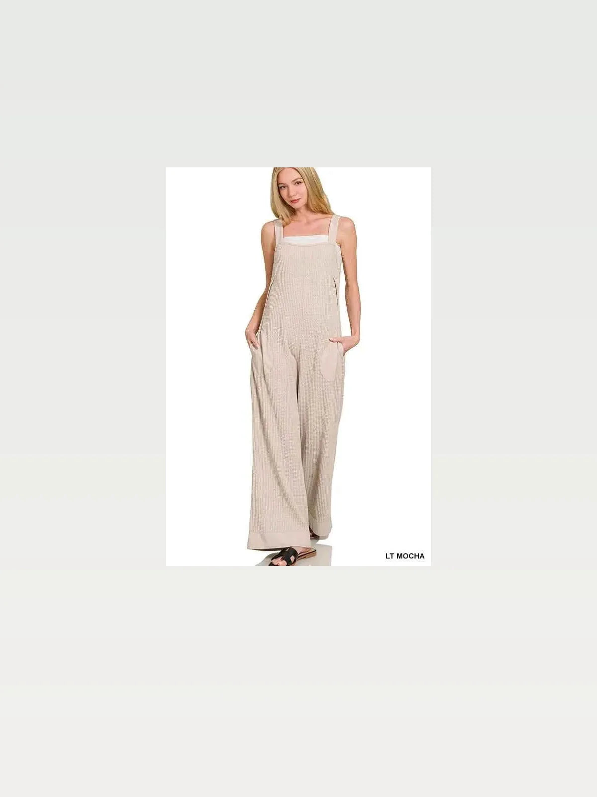 Knit Waffle Wide Leg Overalls with Pockets