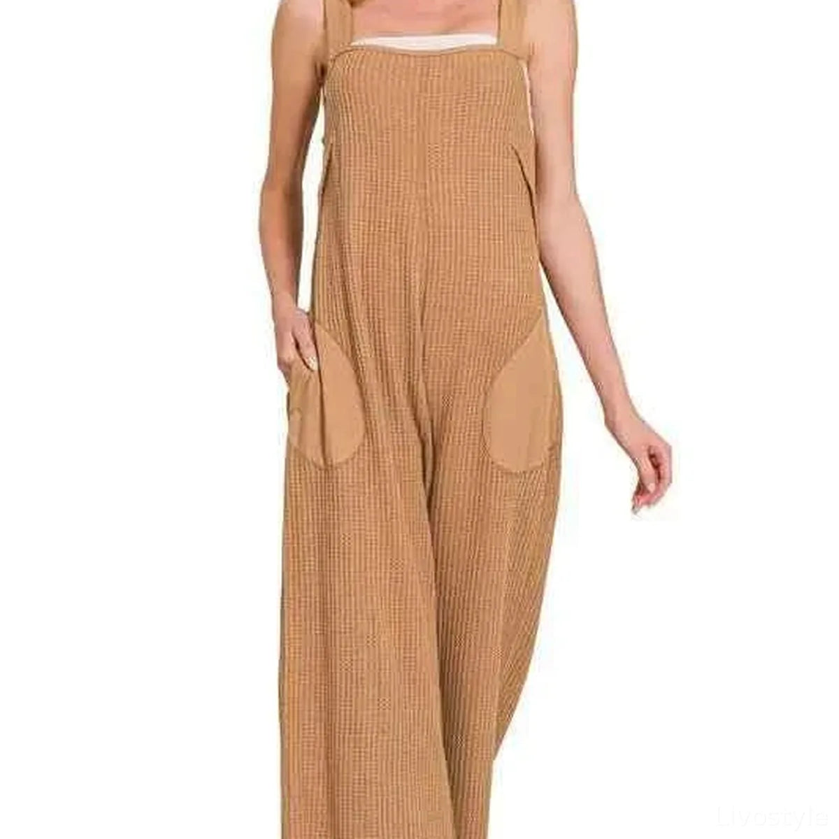 Knit Waffle Wide Leg Overalls with Pockets