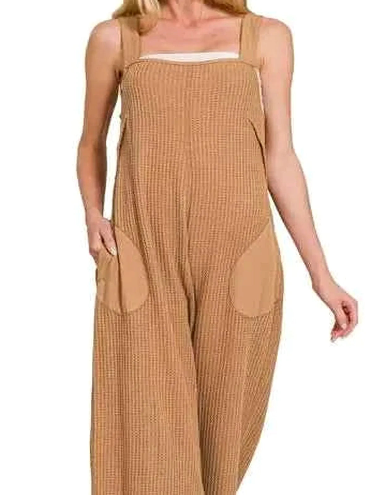 Knit Waffle Wide Leg Overalls with Pockets