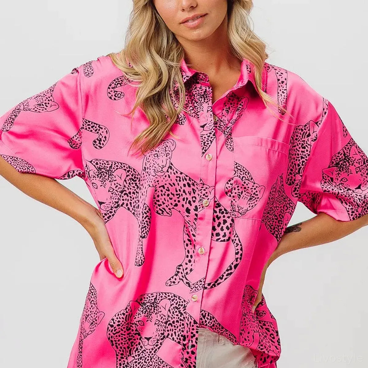 Satin Leopard Print Button-Down Shirt with Short Sleeves