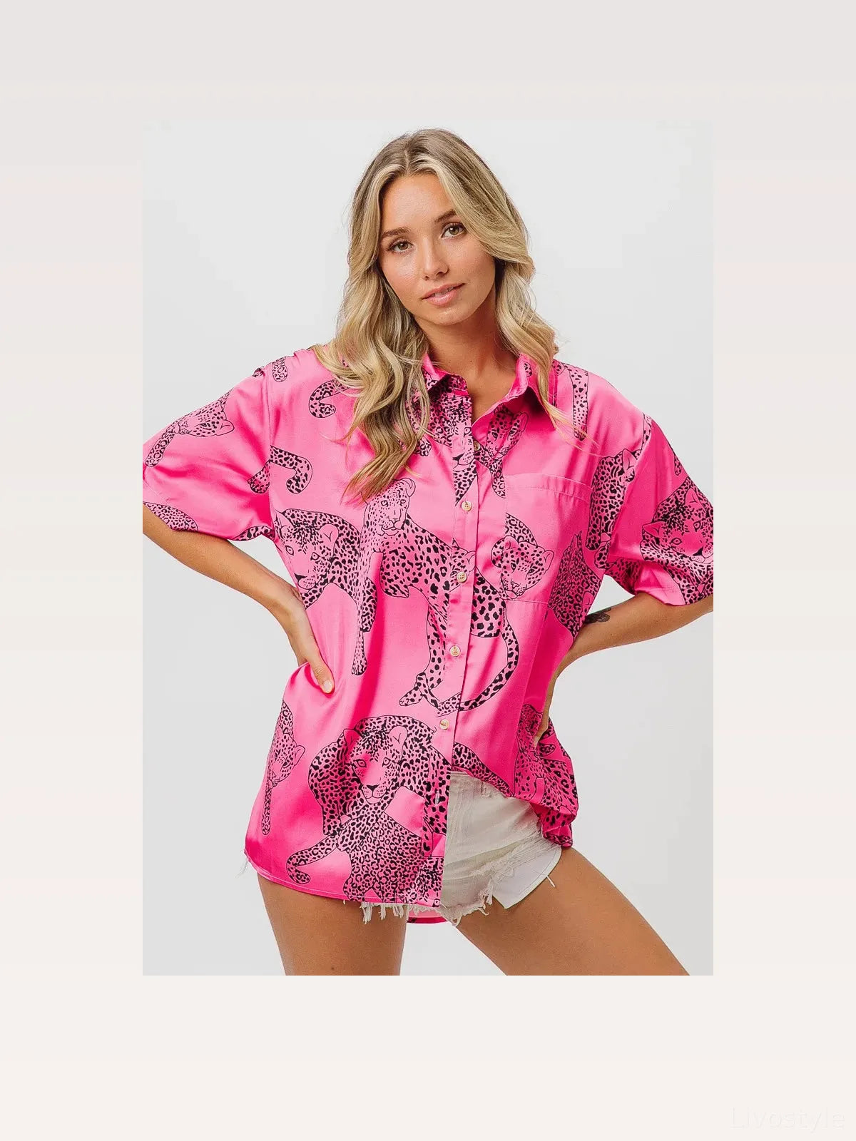Satin Leopard Print Button-Down Shirt with Short Sleeves