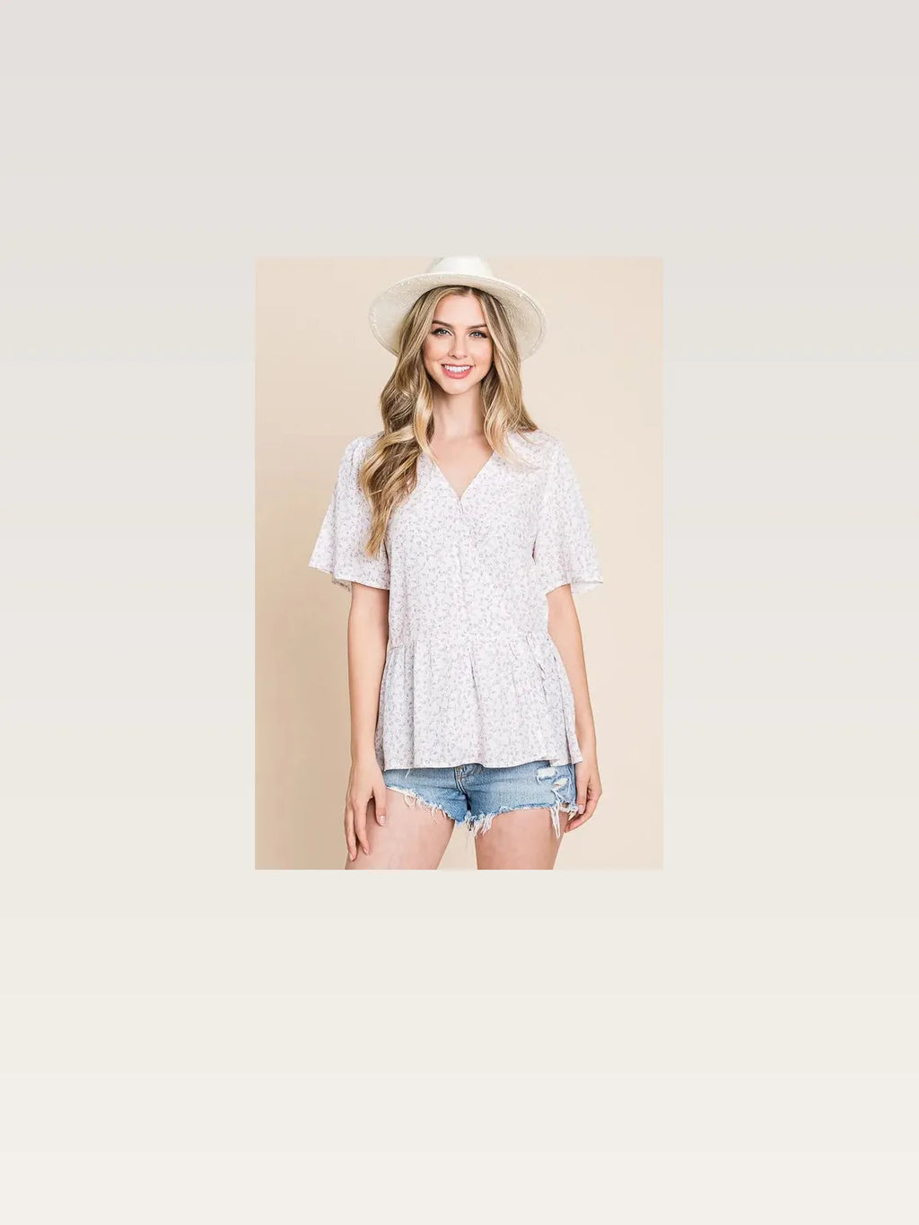 Ditsy Floral Print Wrap Blouse with V-Neck and Short Sleeves