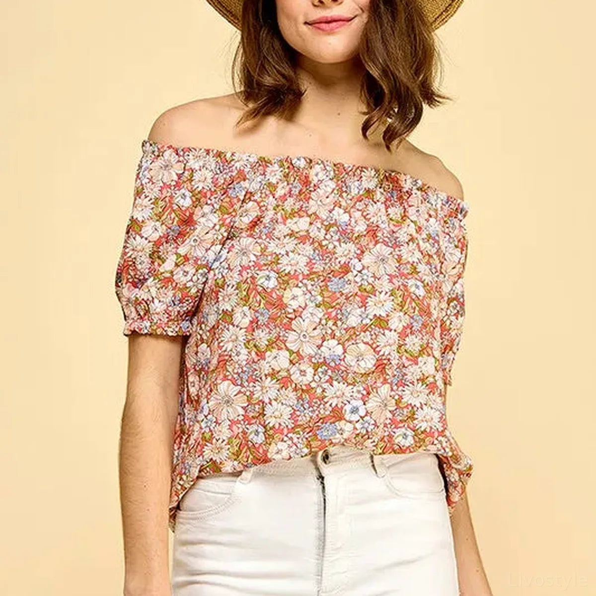 Floral Print Off-Shoulder Short Sleeve Blouse