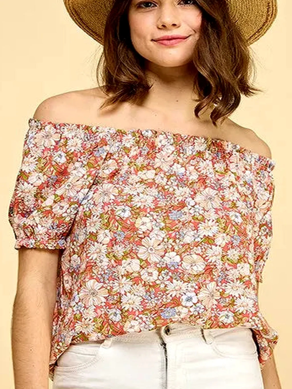 Floral Print Off-Shoulder Short Sleeve Blouse