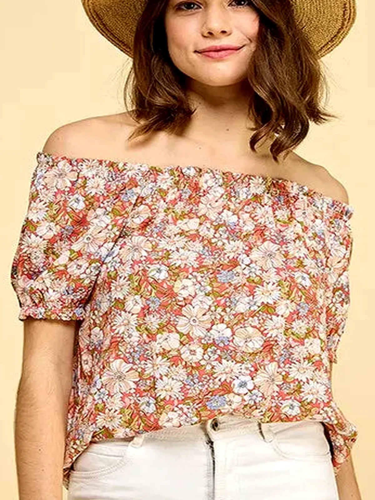Floral Print Off-Shoulder Short Sleeve Blouse