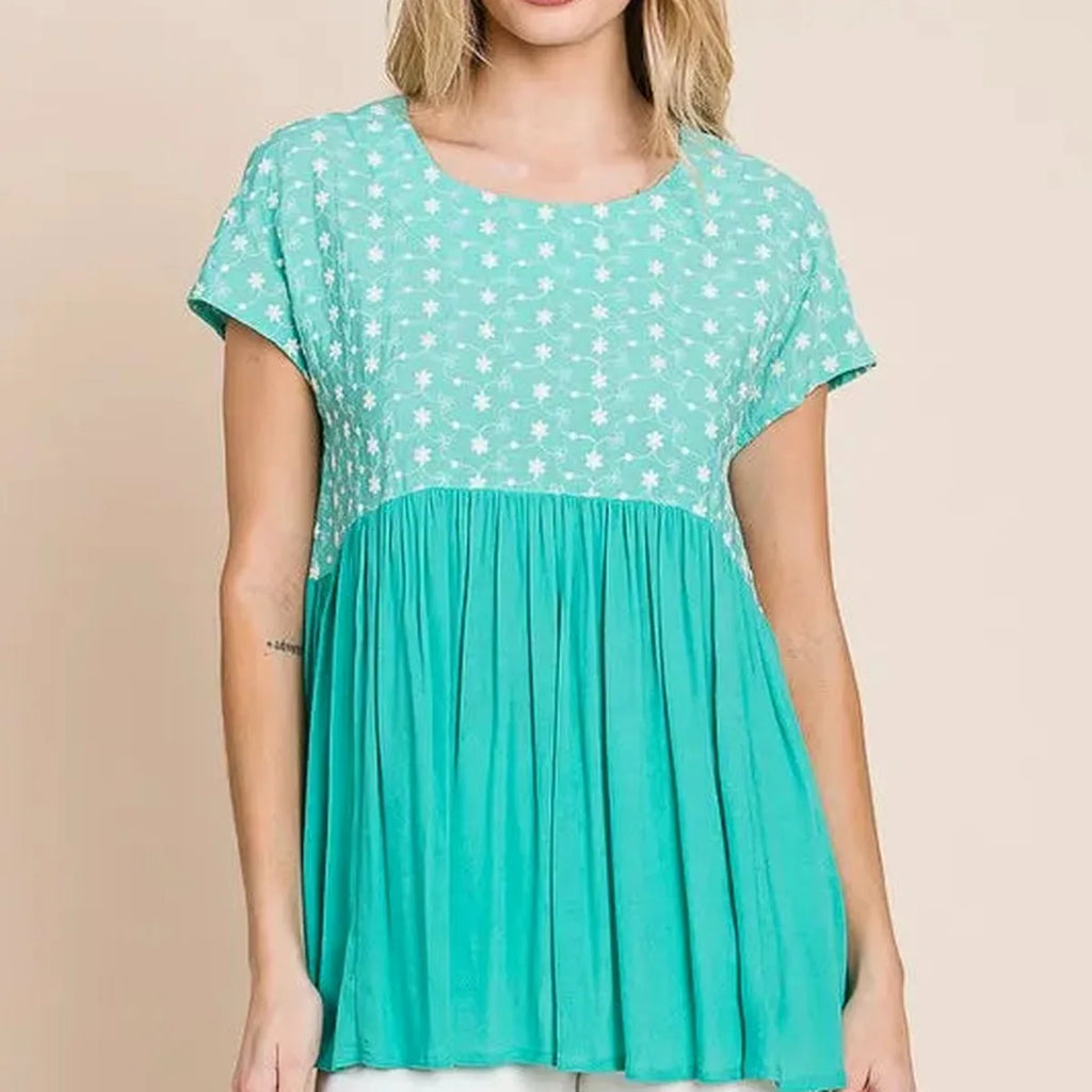 Embroidered Short Sleeve Pleated Babydoll Top