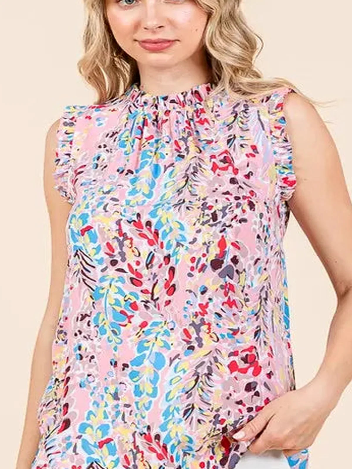 Graphic Print Ruffle Trim Mock Neck Sleeveless Top – Plus Size
