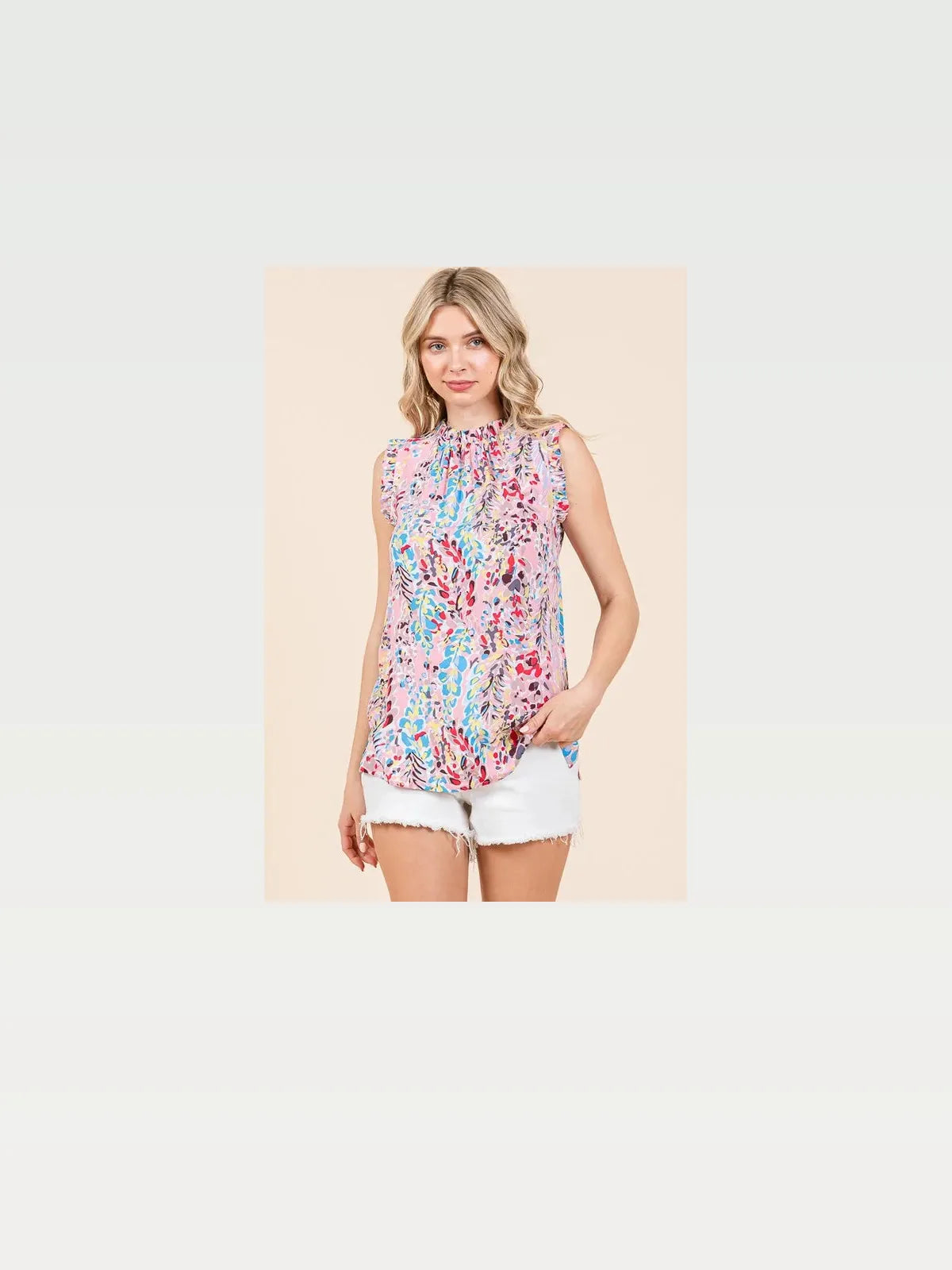 Graphic Print Ruffle Trim Mock Neck Sleeveless Top – Plus Size