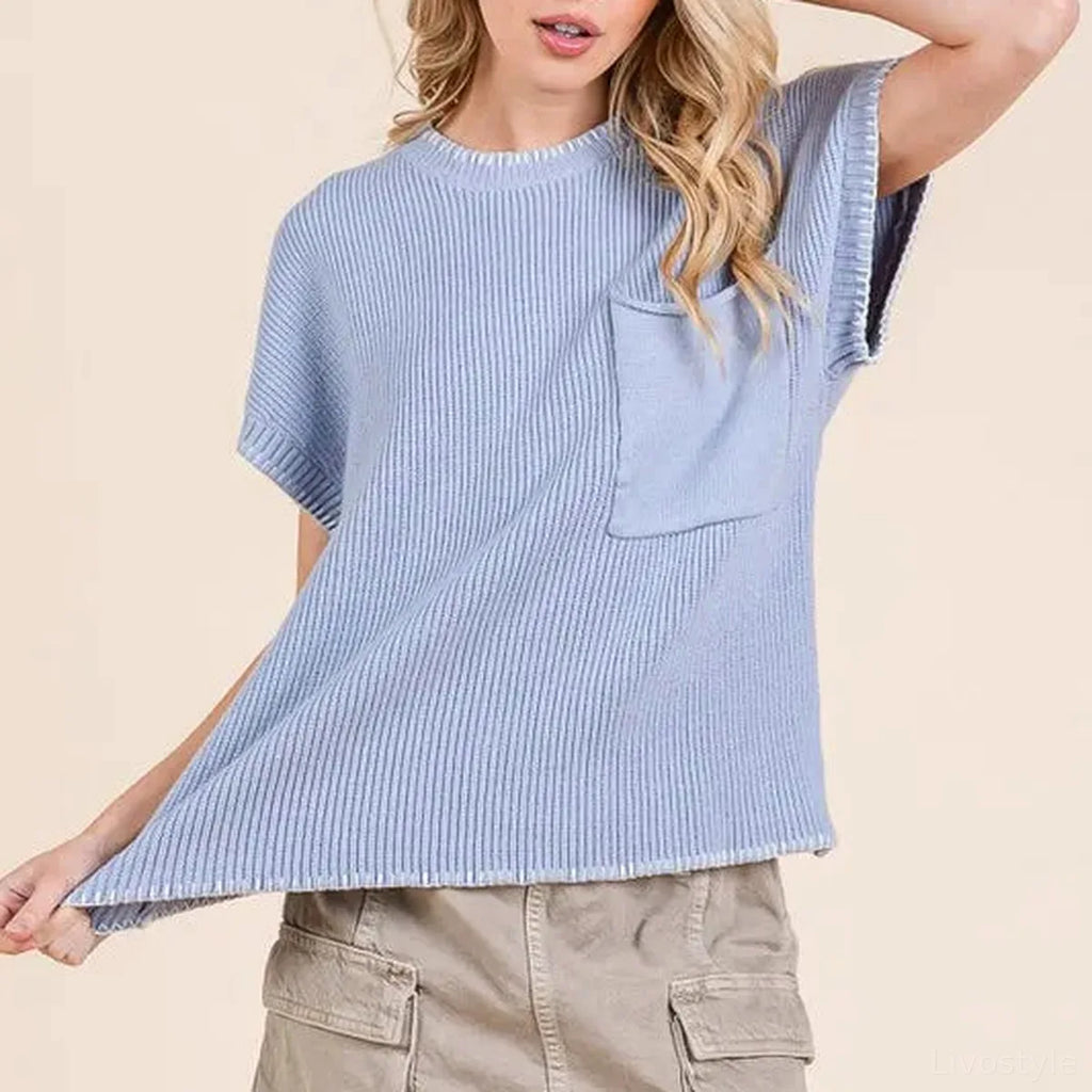 Oversized Cap Sleeve Knit Sweater with Pockets