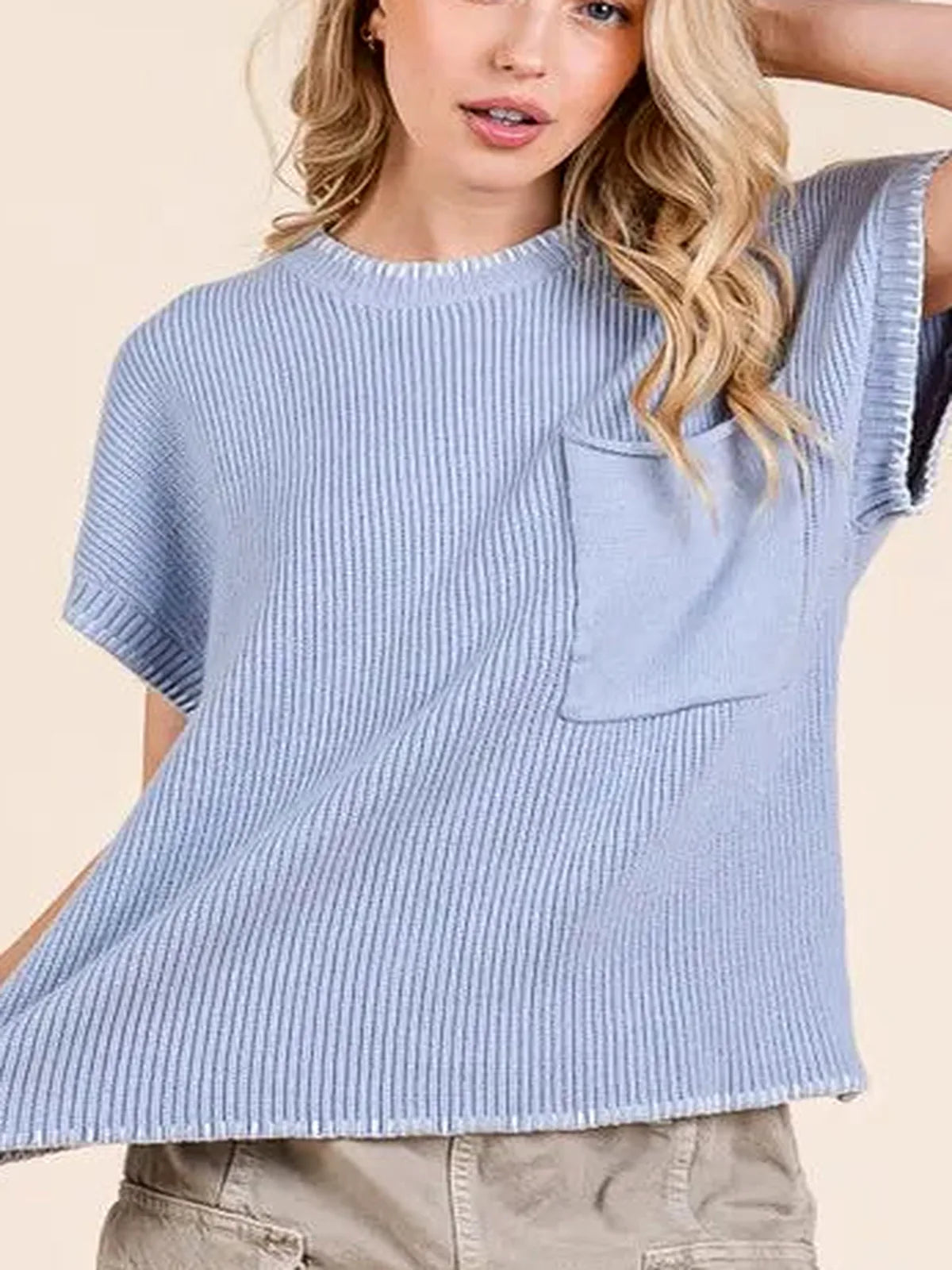 Oversized Cap Sleeve Knit Sweater with Pockets